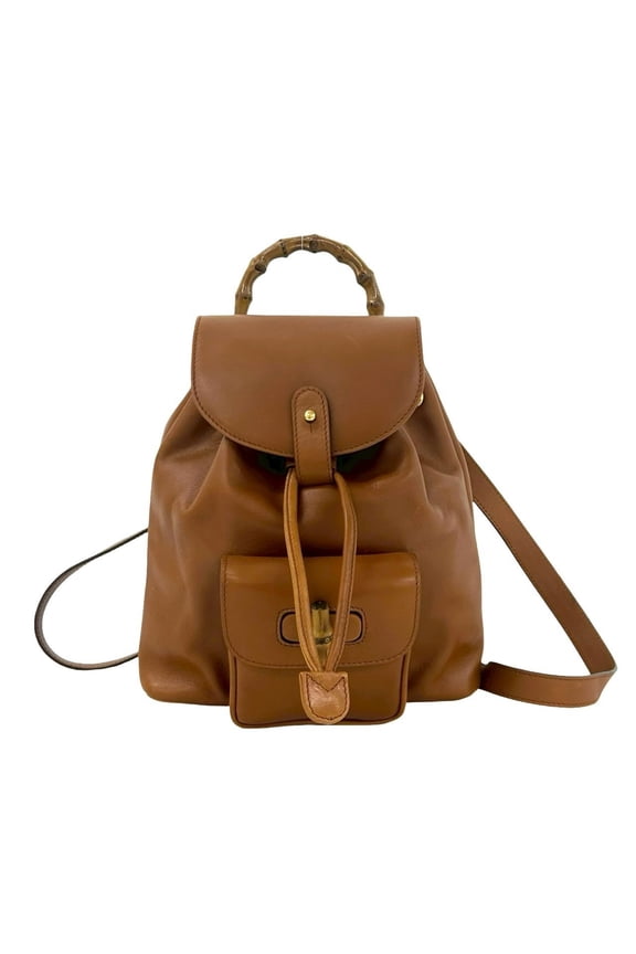 Pre-Owned GUCCI Vintage Bamboo Leather Drawstring Mini Backpack Daypack (Brown) 258-7
