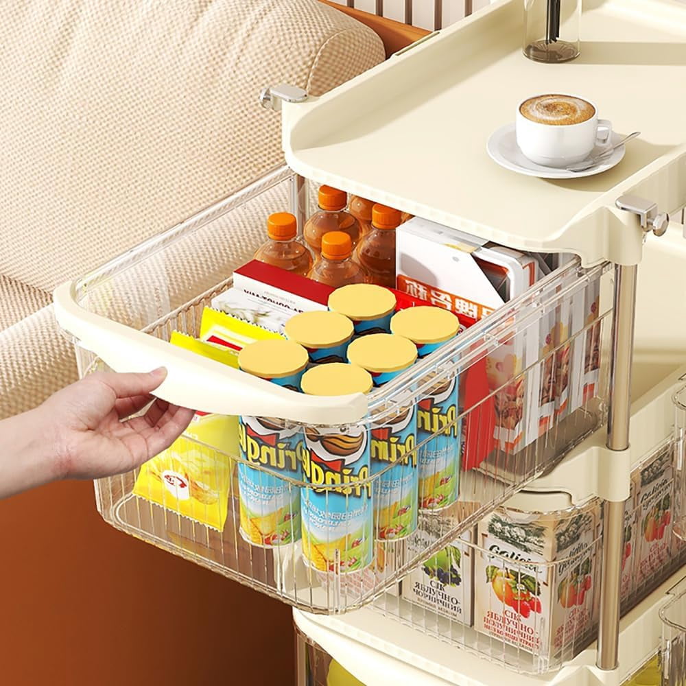 Baby Diaper Caddy Cart Organizer - 4 Tier Plastic Movable Cart with Hanging Basket, Rolling Utility Diaper Storage Caddy for Changing Table & Crib, Nursery, Bedroom