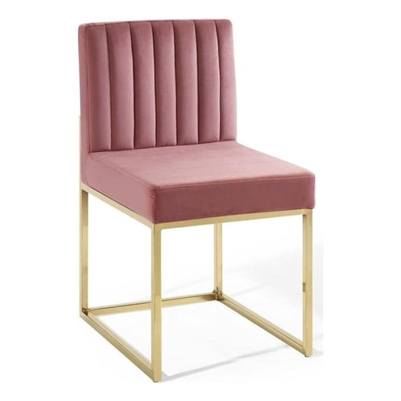 Pemberly Row 19" Channel Tufted Sled Base Velvet Dining Chair in Gold/Pink