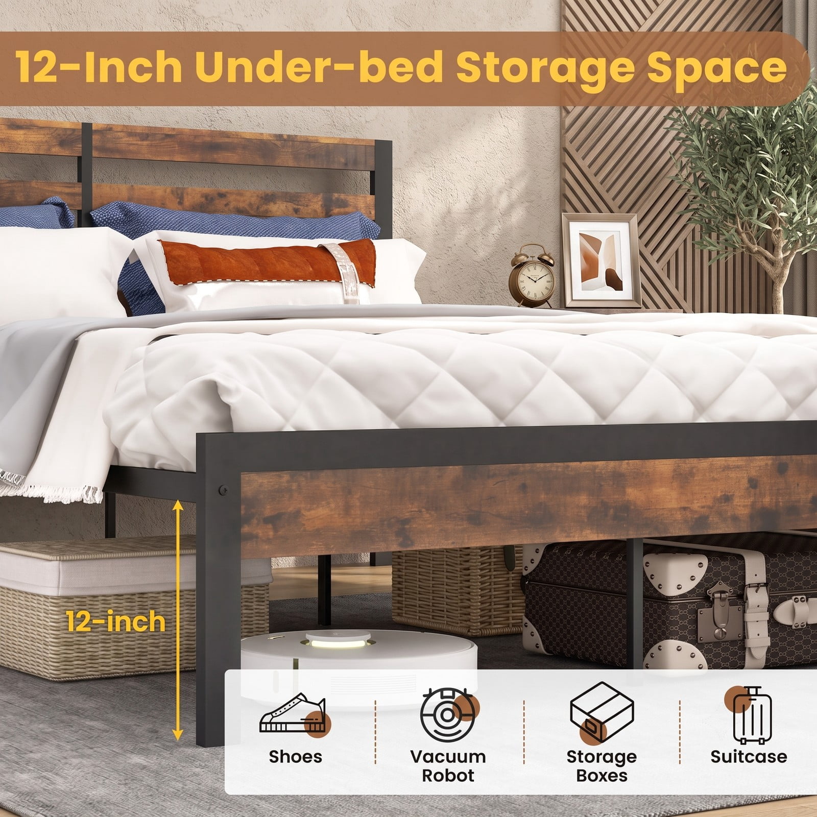 Furnibear Queen Bed Frame with Storage, Metal Platform Bed with Storage Headboard and Charging Station, Rustic Brown