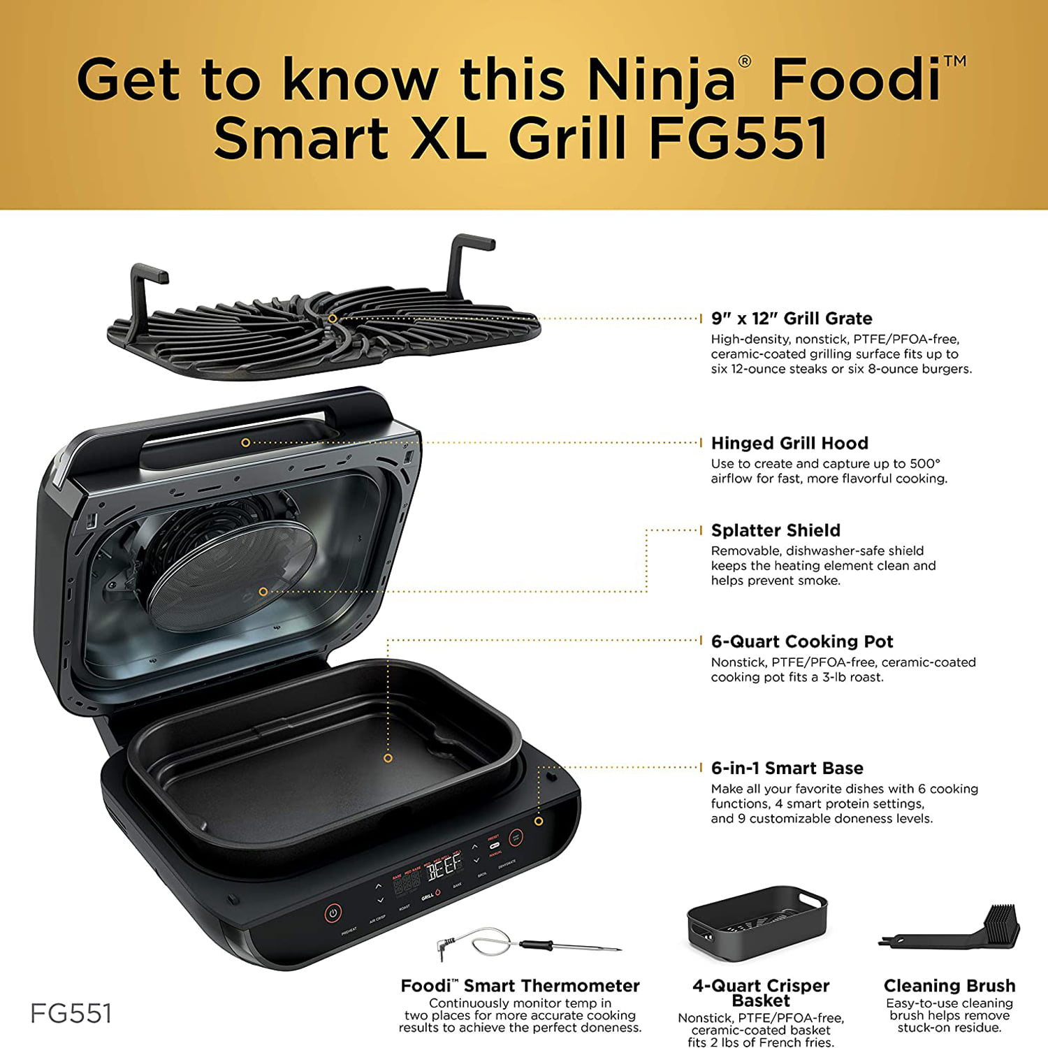 REFURBISHED BY Ninja Foodi BG550 6 in 1 Nonstick Smart XL Grill  WithThermometer