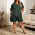 thumbnail image 2 of Plus Size Women's Plus Size 2 Piece Pajama Sets, V-Neck Short Sleeve Top & Drawstring Pocket Elastic Shorts, Oversized Solid Casual Home Outfit | TruHer,Army Green 2XL, 2 of 7