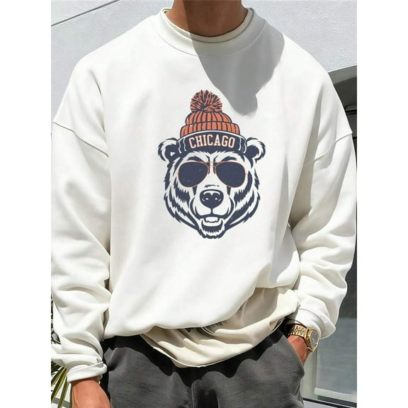 Men's Casual Loose Fit Crew Neck Sweatshirt With Bear Head Graphic Print, Chicago-Inspired Design