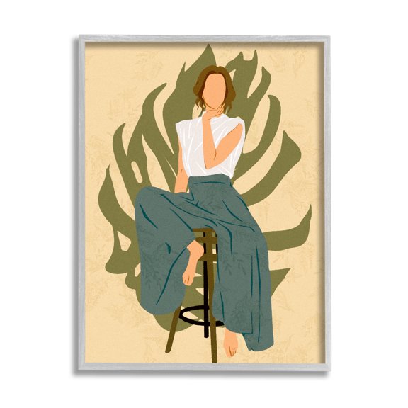 Boho Woman Sitting Plant Leaf Botanical & Floral Graphic Art Gray Framed Art Print Wall Art