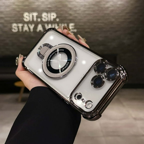 For iPhone 15 Plus Phone Case,Logo View Design,With Contractile Ring Kickstand,Transparent Back Electroplated Bumper Hybrid Protection,Ultra Slim Shockproof Anti-fall Phone Case,Gray