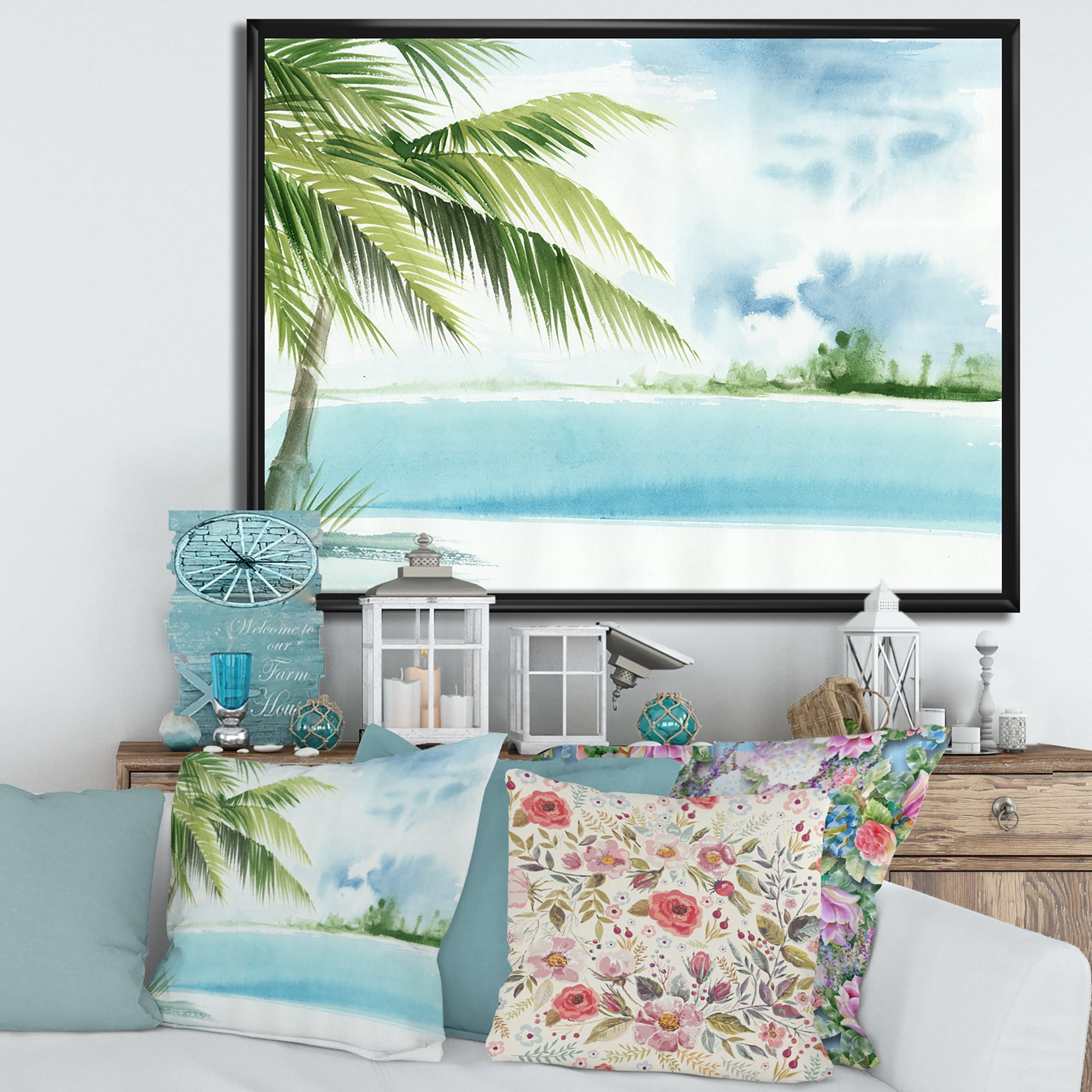 Designart 'Palm Beach Resort At Sunrise I' Nautical & Coastal Framed Canvas Wall Art Print