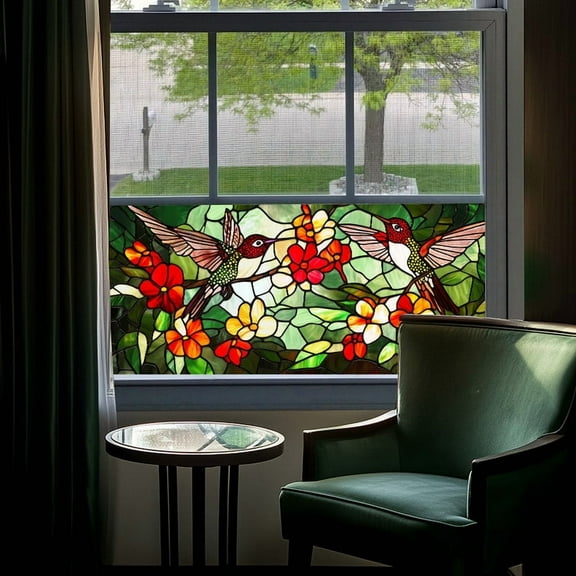 Stained Glass Window Film, Flower Static Cling Window Privacy Film Decorative UV Sun Blocking Non-Adhesive Glass Window Covering for Home Bathroom