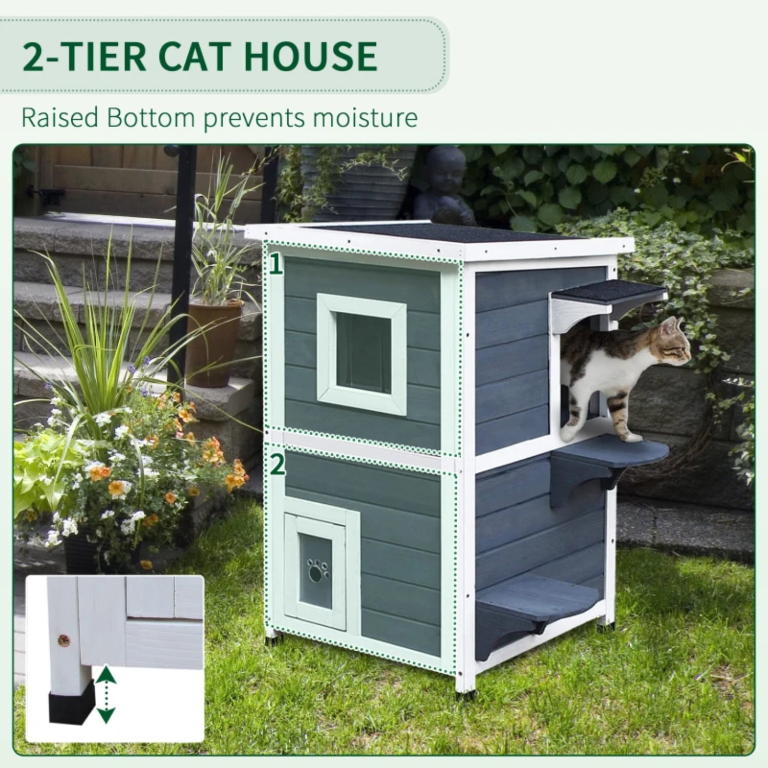 Pefilos 32" Cat House for Outdoor Cats, 2-Story Wood Cat Condo Weatherproof Cat Shelter with and Escape Door, Dark Gray