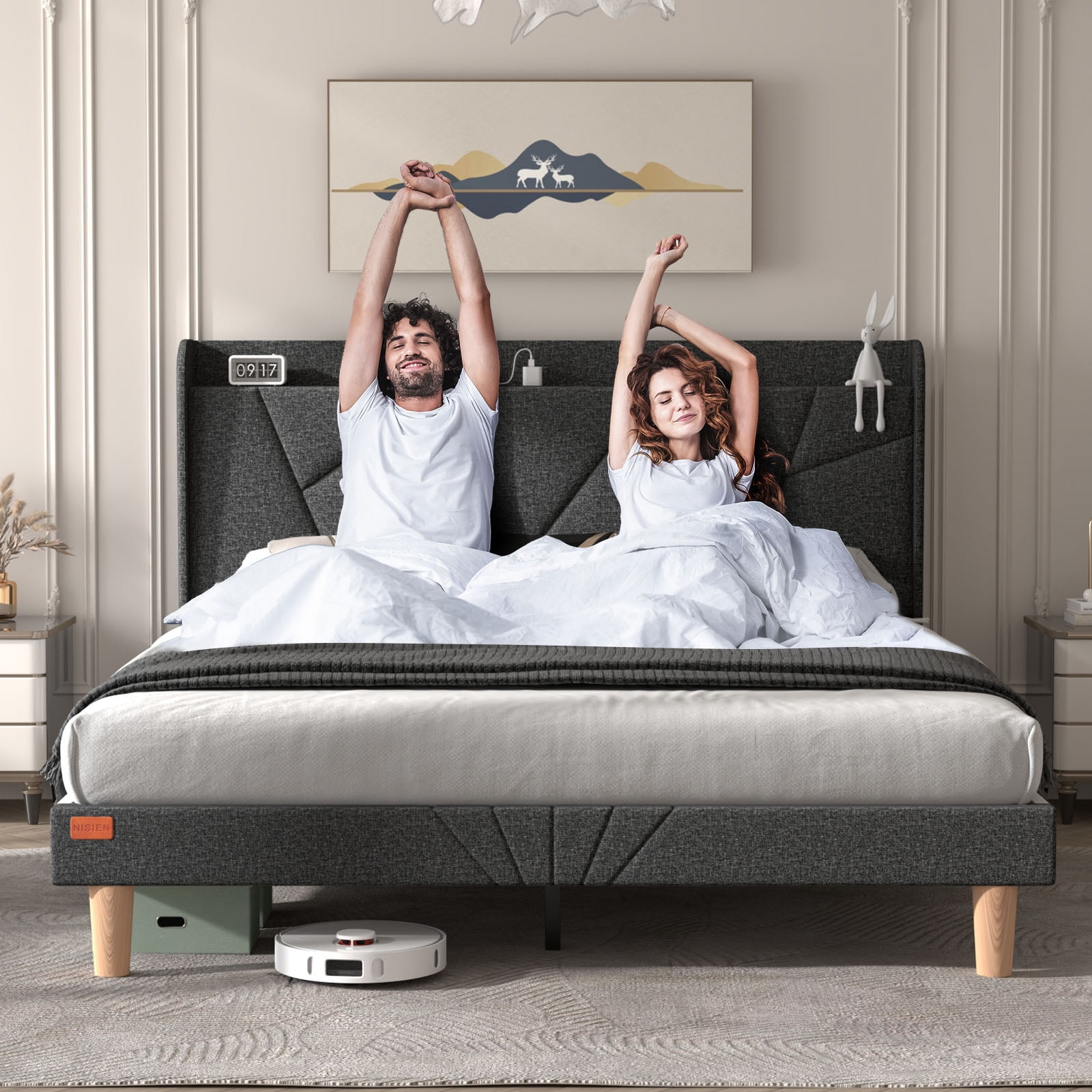 NISIEN Queen Bed Frame with Charging Station, Upholstered Platform Bed with Wingback Storage Headboard, Dark Gray
