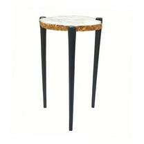 BenJara BM284697 18 in. Agate Stone Top Aluminum Tri Legs Modern Side Table, Black, White & Brown