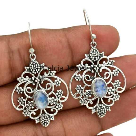 Natural Rainbow Moonstone Blue Fire Gemstone Womens Earrings, 925 Sterling Silver Wedding Gifts Earrings, Dangle Teardrop Earrings, June Birthstone Gifts, Mothers Day Gifts