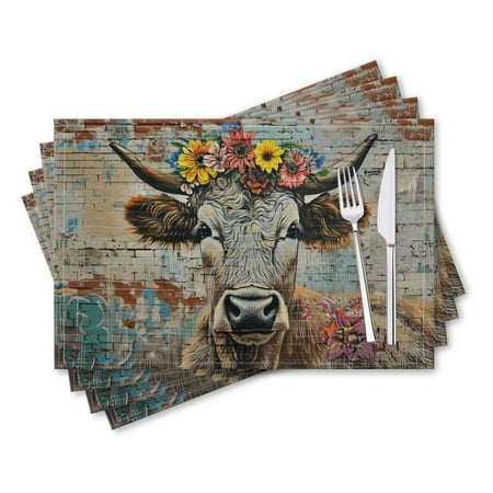 

BaHomeck placemats Set of 4 rectangle Linen Cotton Placemats for Dining Table Washable Heat Resistant 18*12inch Graffiti Of Cow With Flowers On Head