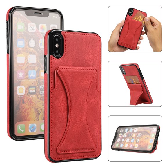 TOP SHE Case for Apple iPhone XS (5.8"), iPhone X Case (5.8 Inch) - Synthetic Leather Protective Case with Card Slot / Kickstand, Slim Fit Lightweight Simple Fashion Cover (Red)