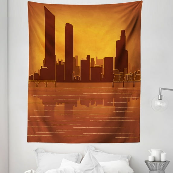 Michigan Tapestry, Grand Rapids Michigan Skyline with Reflection in Water Orange Colored, Fabric Wall Hanging Decor for Bedroom Living Room Dorm, 5 Sizes, Burnt Orange and Brown, by Ambesonne