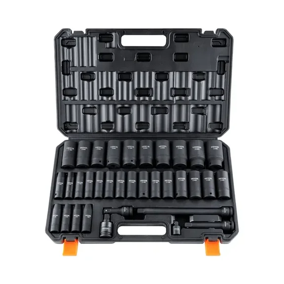 1/2 Inch Drive Deep Impact Socket Set 34pcs Metric 8-36mm 6 Point Cr-MO Alloy Steel Auto Repair Heavy Duty Storage Case