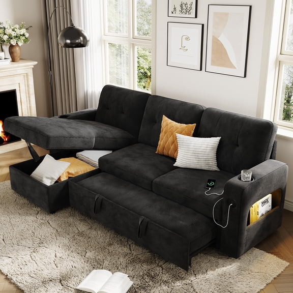 Modular Sofa with Storage 84 Inch Sleeper Bed Sectional, U-Shaped Velvet Couch with USB Charging Cup Holder for Living Room Apartment Office Black