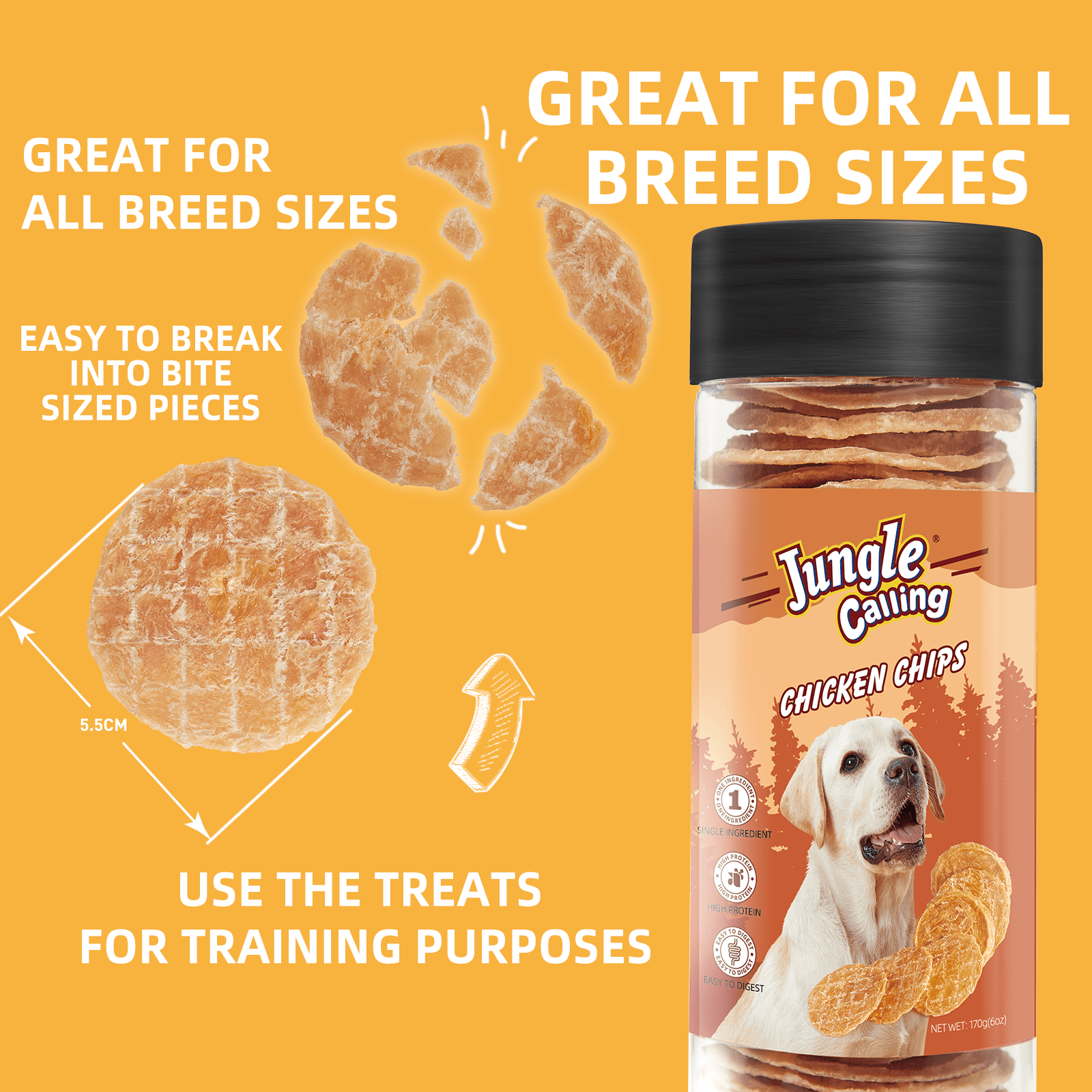 (5 pack) Jungle Calling Chicken Chips for Dogs, All Natural Chips Jerky Dog Treats, Single Ingredient Snacks