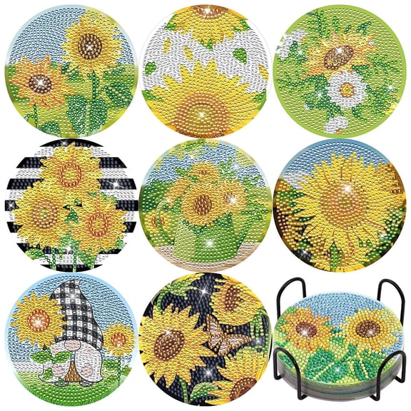 YIFEI Sunflower Diamond Art Coasters Kit with Holder 8 Pcs Flower Diamond Painting Coasters DIY Craft Kit for Adults Beginners Gift Decor
