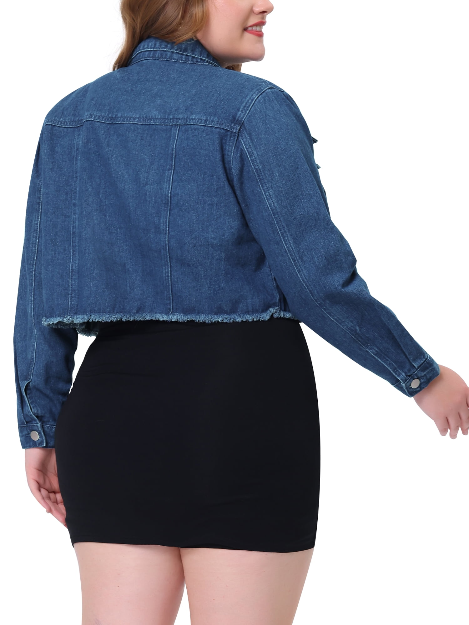 Unique Bargains Women's Plus Washed Cropped Frayed Denim Outerwear Jacket 1X Dark Blue