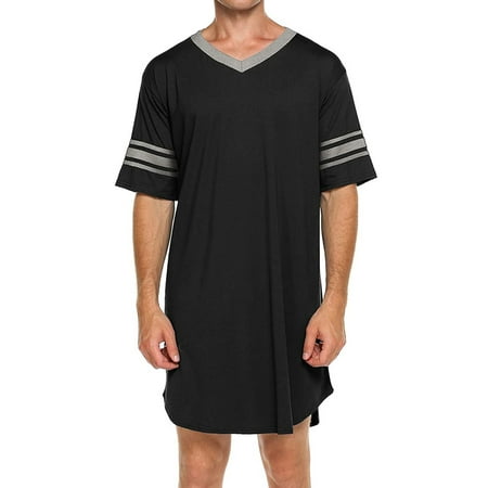

SUNSIOM Men Summer Short Sleeve Pajamas V-Neck Stripe Irregular Hem Long Sleepshirts
