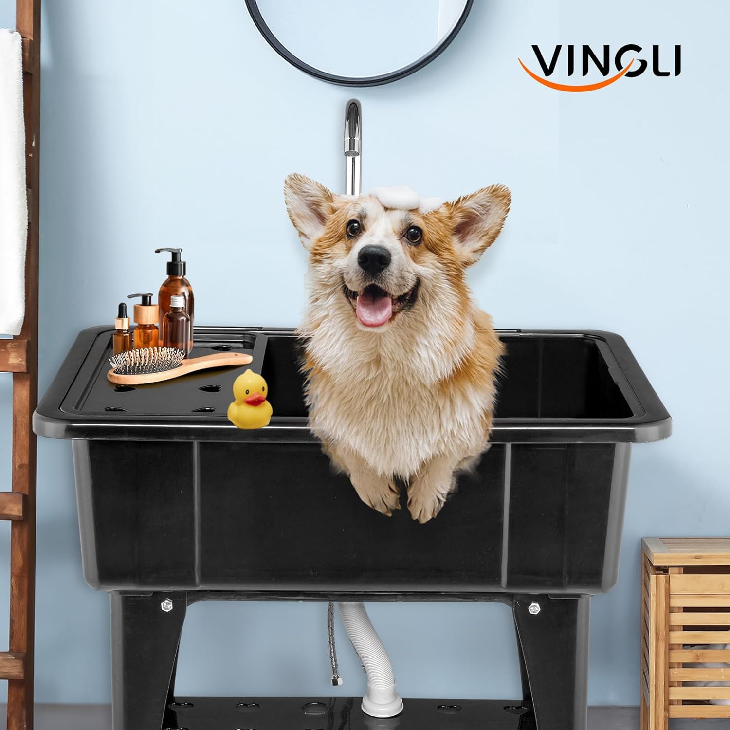 HJTER 20-Gallon Utility Sink Laundry Tub for Washing Room, Freestanding Utility Sink with Stainless Steel Faucet, (Black, 32.3"W x 22.4" D x 49.6"H (Faucet included))