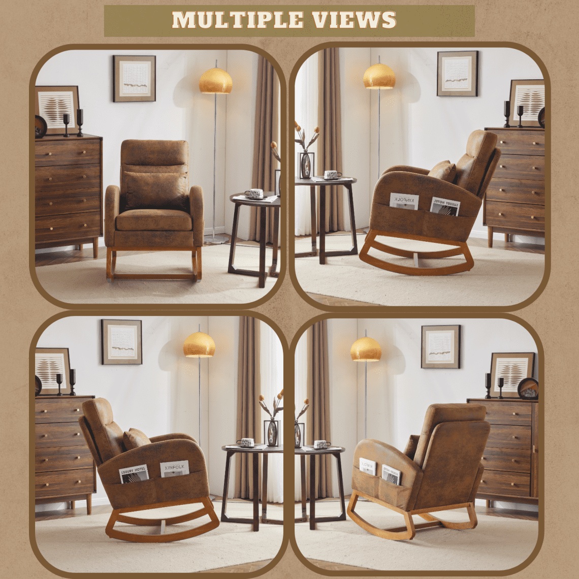 Rocking Chair Nursery with Thick Headrest, Upholstered Modern Nursing Rocker Glider with Curved Armrest, Sturdy Solid Wood Base for Living Room, Bedroom, Baby Room, Burnt Orange