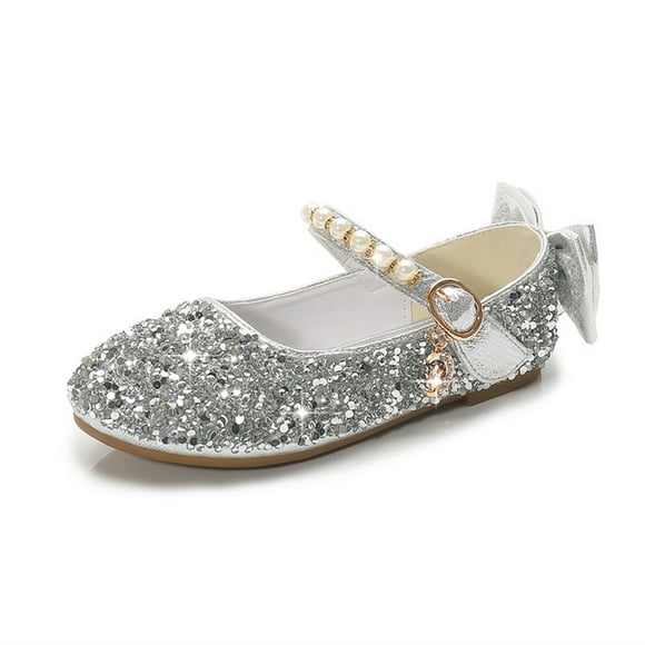 Pisexur Kids Shoes,Baby Sandals,Kids Slippers New Girls' Leather Shoes Casual Children's Bow Shoes Princess Crystal Pearl Flat Shoes Silver,30