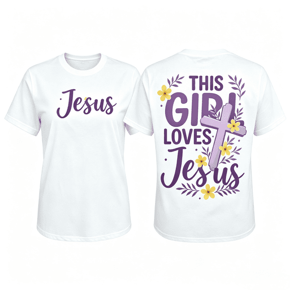 This Girl Loves Jesus Christian Cross Flower Design Women's T-Shirt White Casual Top Faith Inspired Graphic Tee