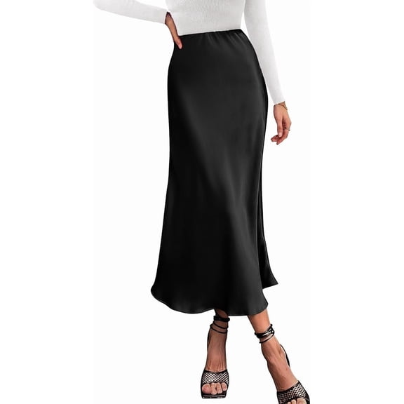 BTFBM Womens Spring Summer Long Satin Skirt Silk Elegant High Waist Cocktail Party Wedding Flowy A-Line Midi Skirts