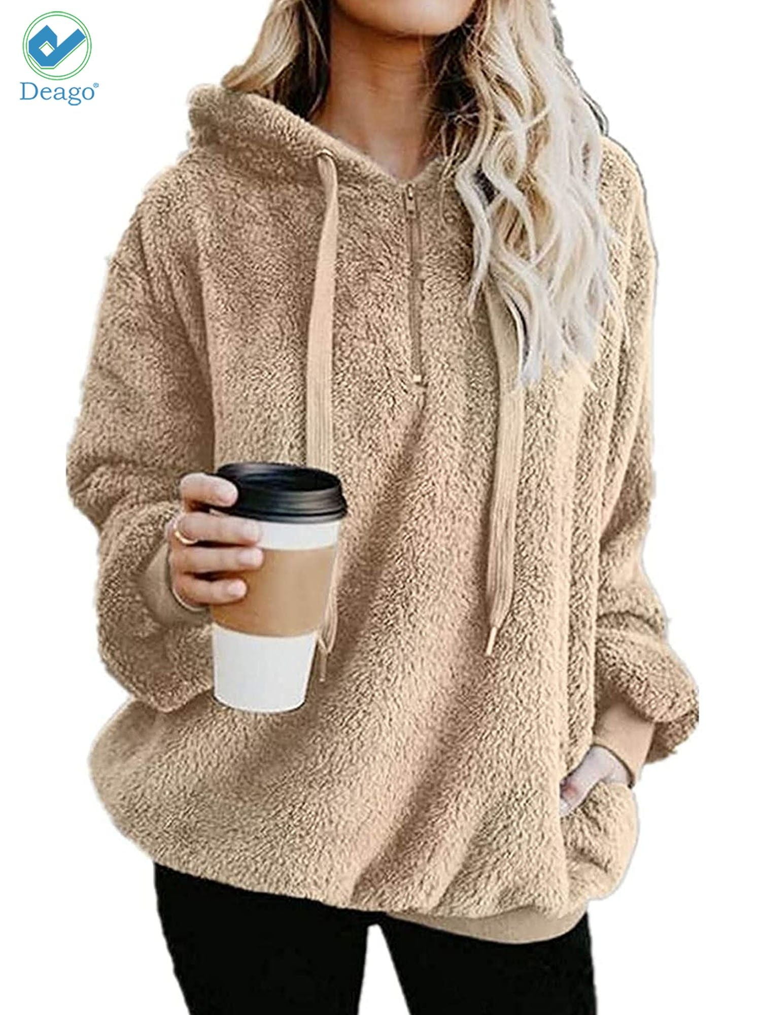 YIhujiuben Womens Fuzzy Fleece Casual Warm Loose Plain Sweatshirt Hooded Pullover