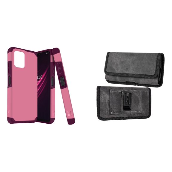 Case and Pouch Bundle for REVVL 6 5G: Dual Layer Slim Case (Pink Wine) and Rugged Denim Nylon Belt Holster (Grey)