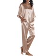 thumbnail image 2 of qolati Pajamas for Women Set 2 Piece Outfits Casual Loose 3/4 Sleeve Pullover Tops and Wide Leg Pants Set Satin Silk Pjs Matching Lounge Sets Beige L, 2 of 5