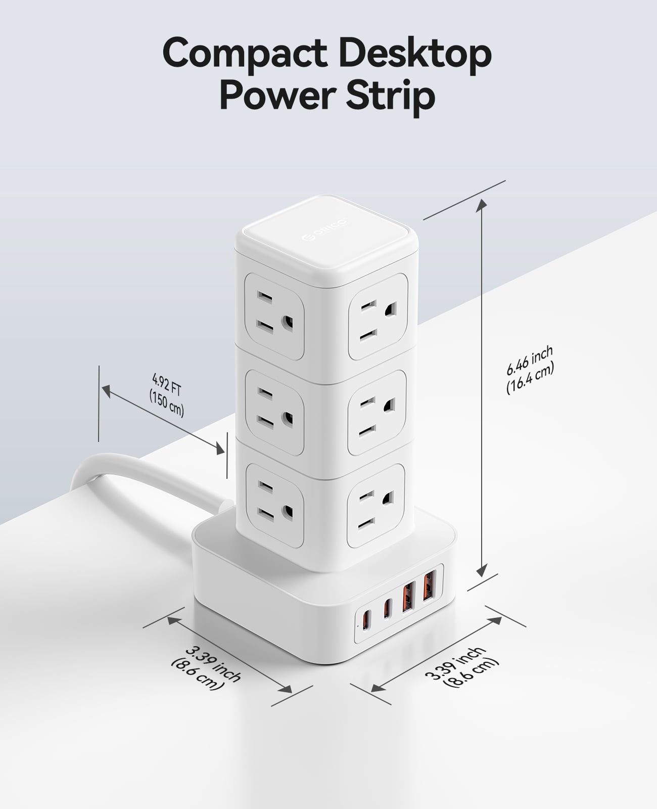 ORICO Power Strip Tower with Multiple Outlets, Tower Extension Cord with 12 AC Outlets 4 USB Ports (2 USB C), Space Saving Design, 5FT Cord Power Tower for Home, Office, Dorm - TPP20 (White)