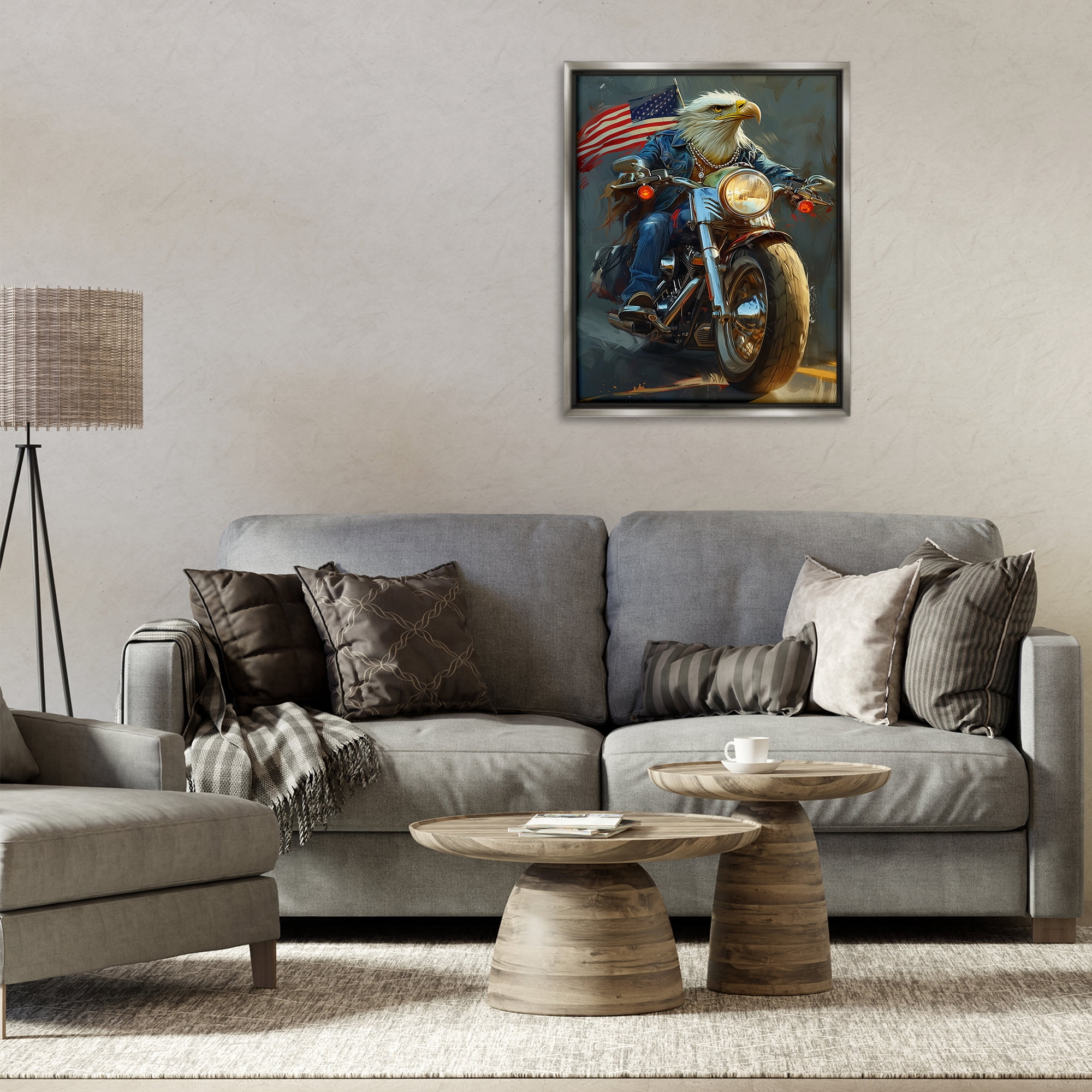Stupell Industries Patriotic Eagle Motorcycle Transportation Painting Gray Floater Framed Canvas Art Print Wall Art, 25 x 31