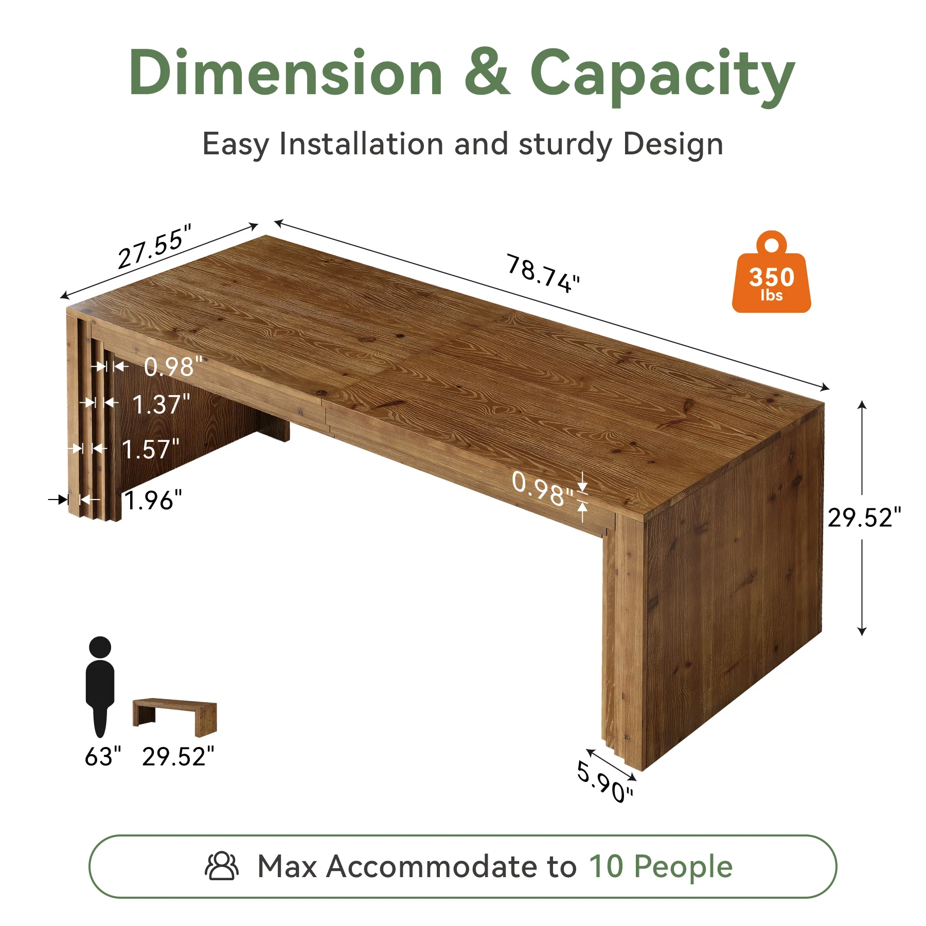 Hommoo Solid Wood Rectangular Dining Table for 6-10 People, 78.7 Inch Rustic Farmhouse Kitchen & Dining Room Table with Heavy-Duty Build, Natural