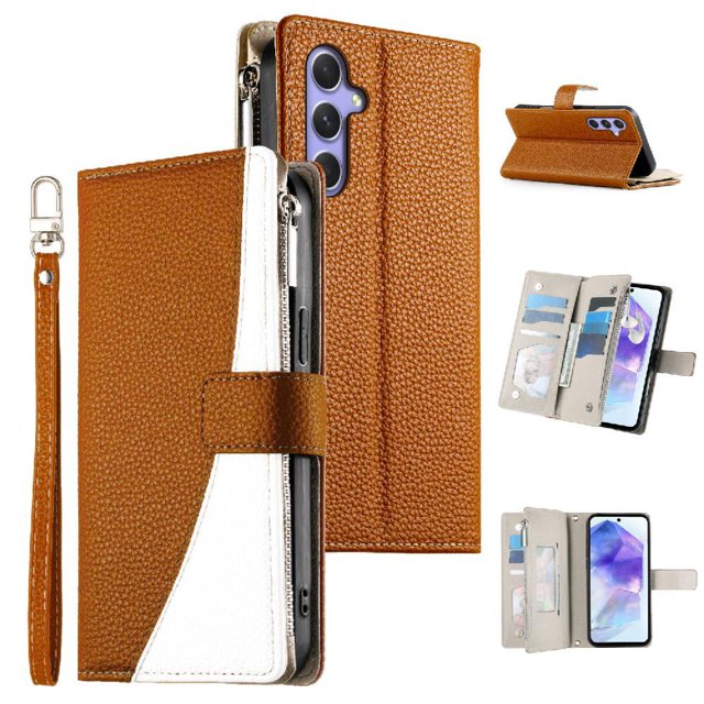 Funda cartera GANGXUN para Samsung Galaxy A55 , cuero PU con tarjetero, cremallera, correa de mano, soporte y protección 476°