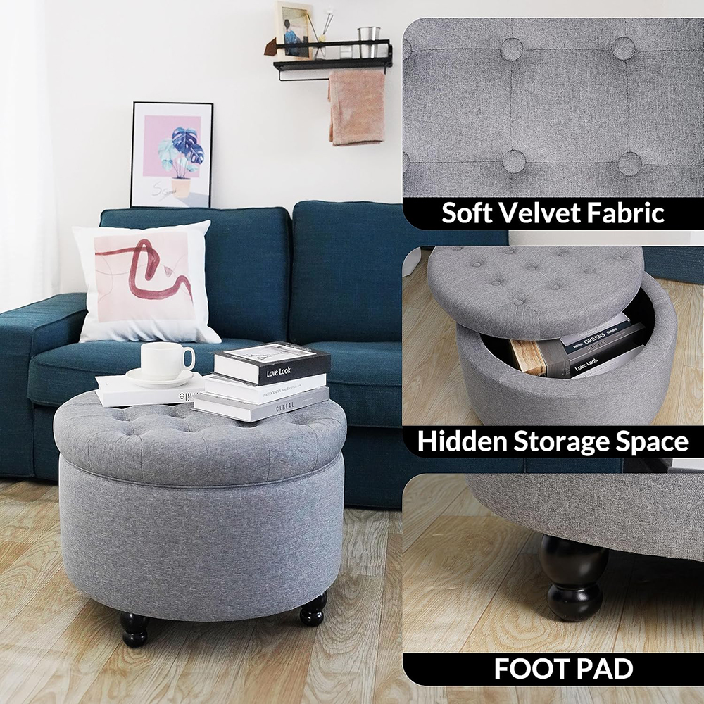 Elevon Large Round Storage Ottoman with Hidden Compartment, Upholstered Accent Ottoman for Living Room and Bedroom, Navy Blue / Blue / Grey