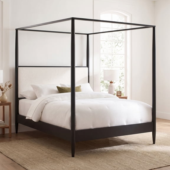 Euroco Modern Wood Queen Size Canopy Bed, Mid-Century 4-Poster Platform Bed with Boucle Upholstered Headboard and Tapered Legs, No Box Spring Needed, Black