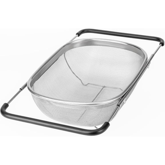 Stainless Steel Colander Strainer - 6-Quart Collapsible Colander with Expandable Rubber Handles - Rectangular Sieve, Fine Mesh Stainless Steel Strainers and Colanders for Kitchen