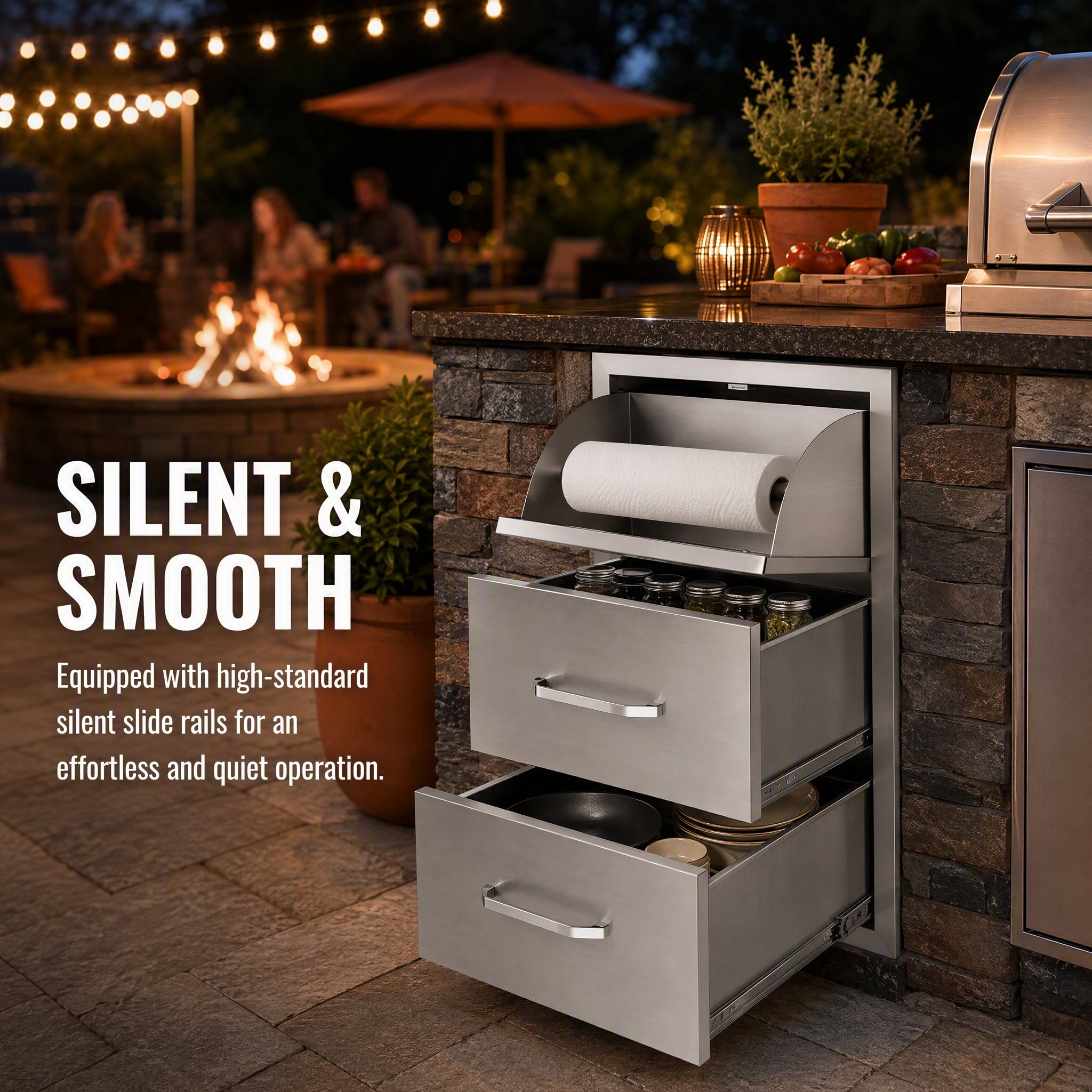 GARITIN Drawer Cabinet for Outdoor Kitchen or Courtyard, Stainless Steel Storage Drawer Cabinet with Multiple Drawers for Outdoor Patio, Silver