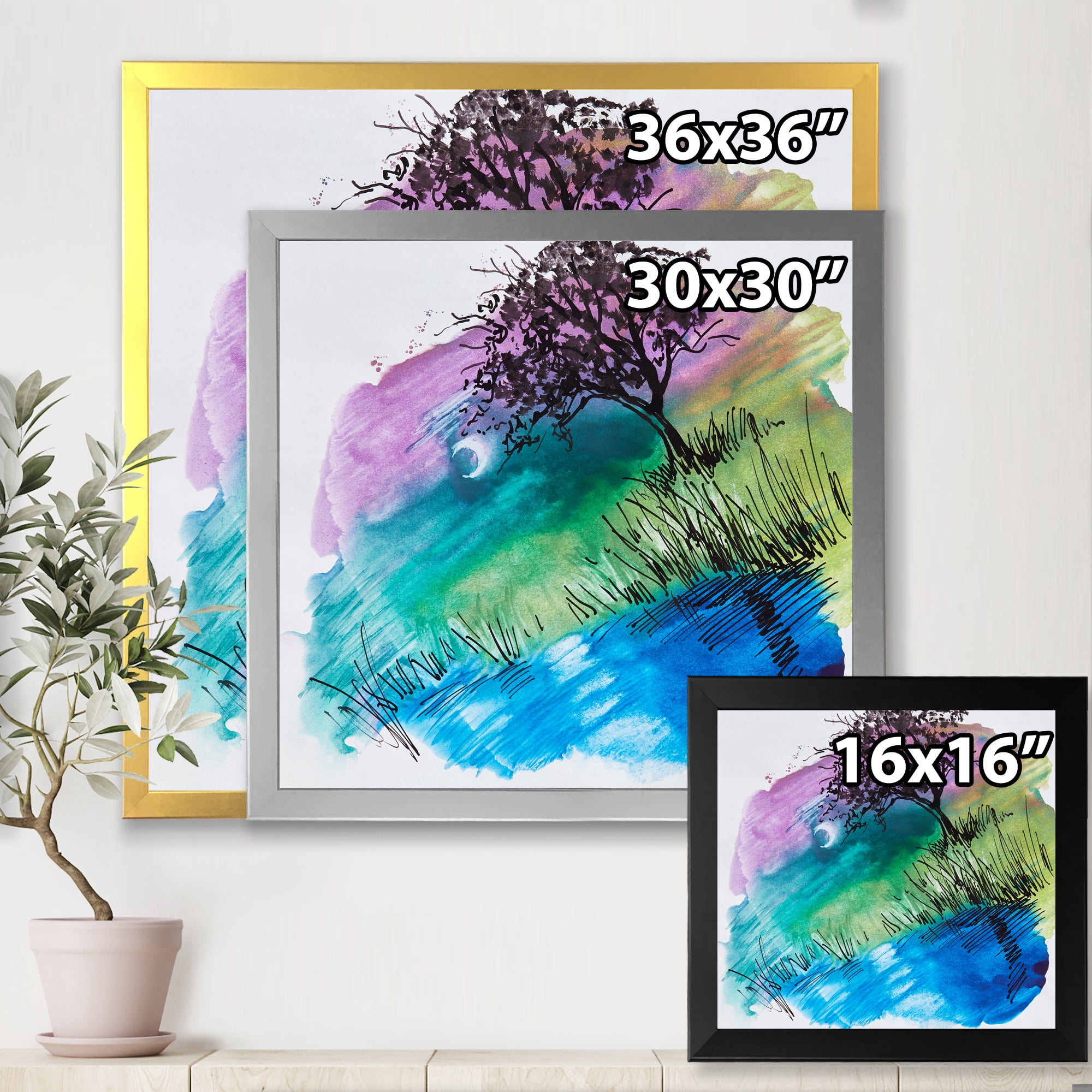 Designart 'Rainbow Silhouette Of Tree On The Riverbank At Night' Modern Framed Art Print