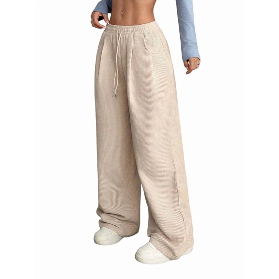 Women's Solid Corduroy Drapey Loose Wide Leg Casual Long Pants Color S