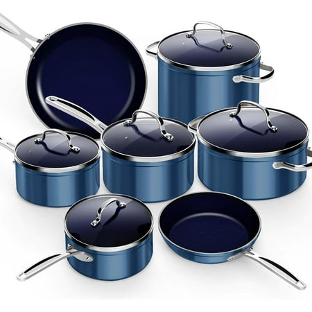 NuWave 12 Pcs Non-Stick Cookware Set for Induction Kitchen, Healthy Nonstick Coating Cookware Set, Tempered Glass Lids and Stay-Deep Blue