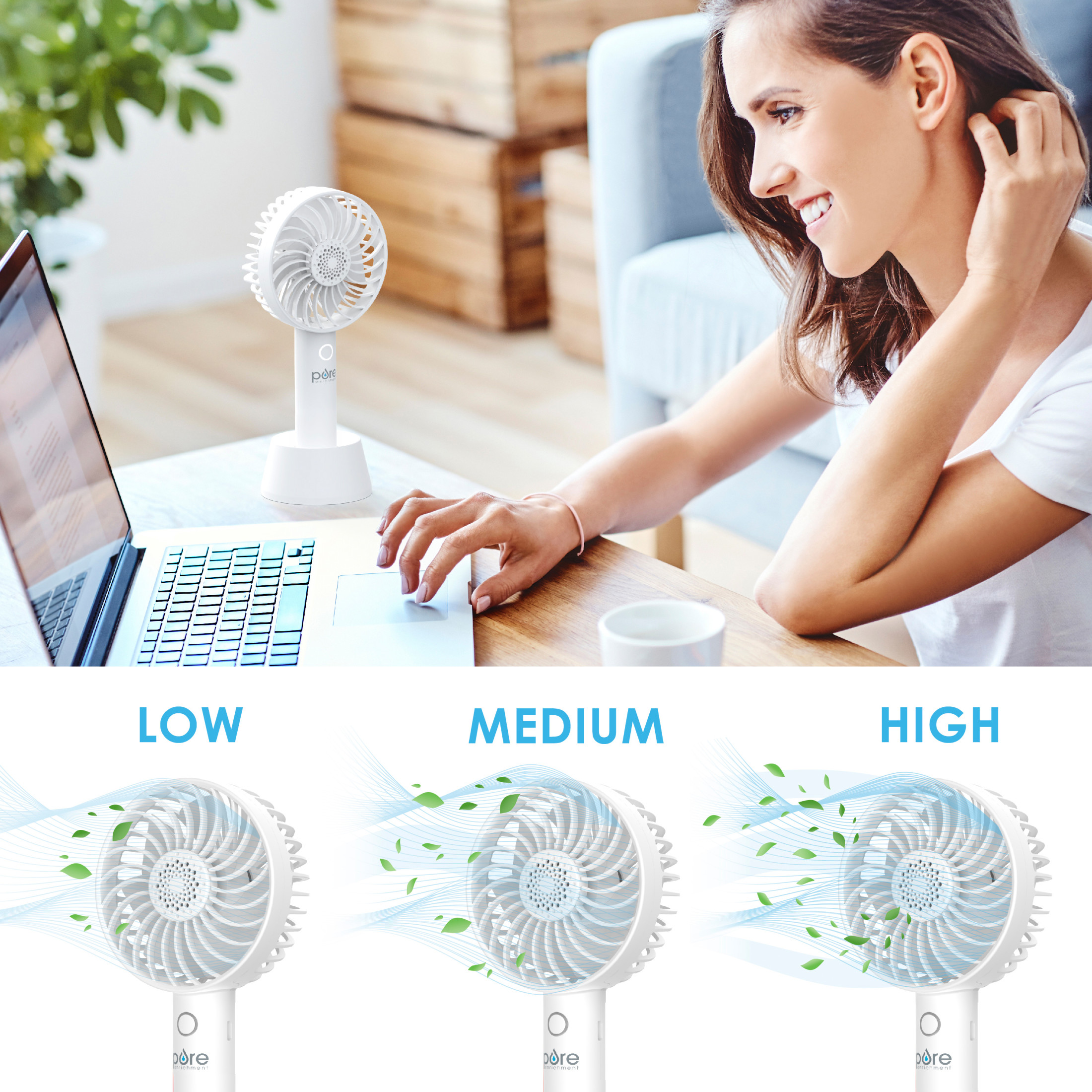 Pure Enrichment PureBreeze Personal Handheld Fan with Base - 3 Fan Speeds, Built-In Rechargeable Lithium-Ion Battery, Lightweight Portable Design, Soothing Optional Aromatherapy Tank, USB Charger