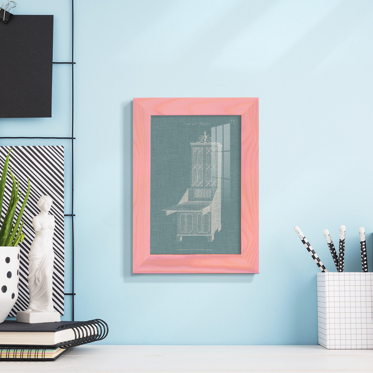 Hepplewhite Desk & Bookcase IV - Framed Print w/glass - Sunset Pink
