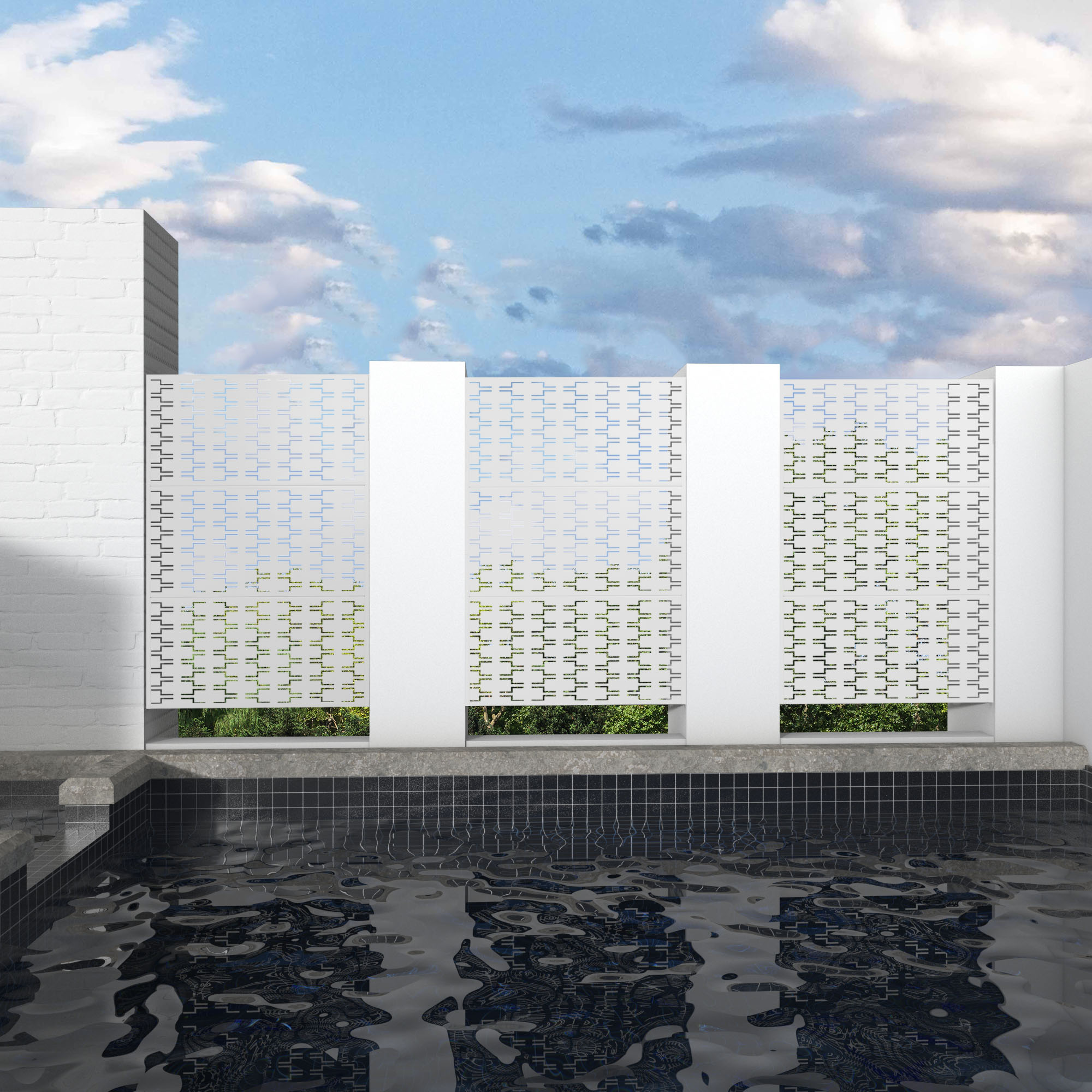 MAYEERTY 72×47" Outdoor White Metal Privacy Panel Screen for Backyard & Garden, Geometric Brick Pattern