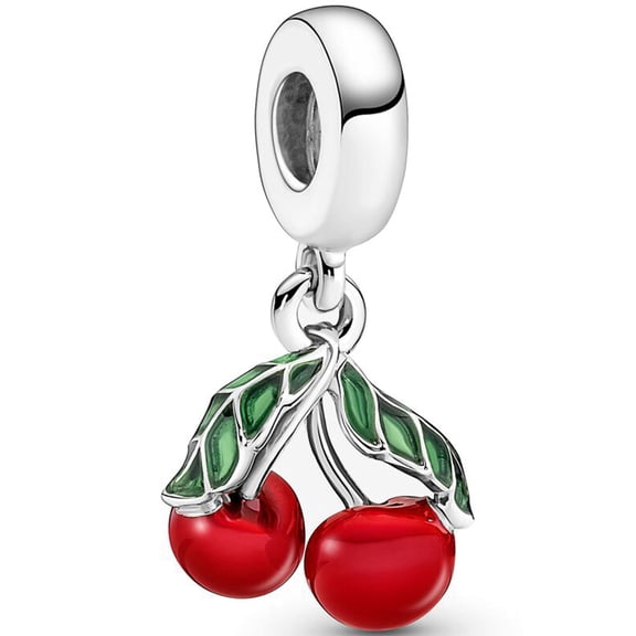 925 Sterling Silver Red Cherry with Green Leaves Dangle Charm for Bracelet Charms Bangle Pendant Jewelry
