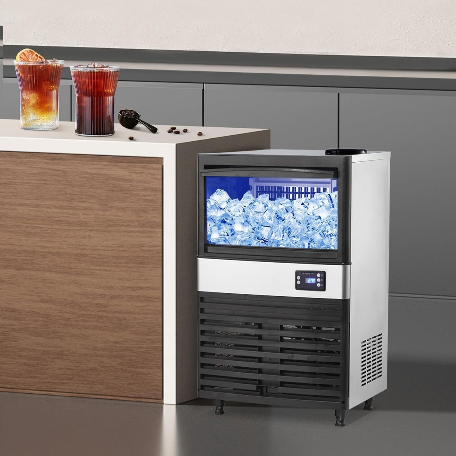 IdealHouse Commercial Ice Cube Maker, 120 Lbs Per 24 Hours, 26 Lbs Storage Capacity, 2-Way Water Add Modes, 60 Cubes in 5 Minutes, Stainless Steel Ice Machine
