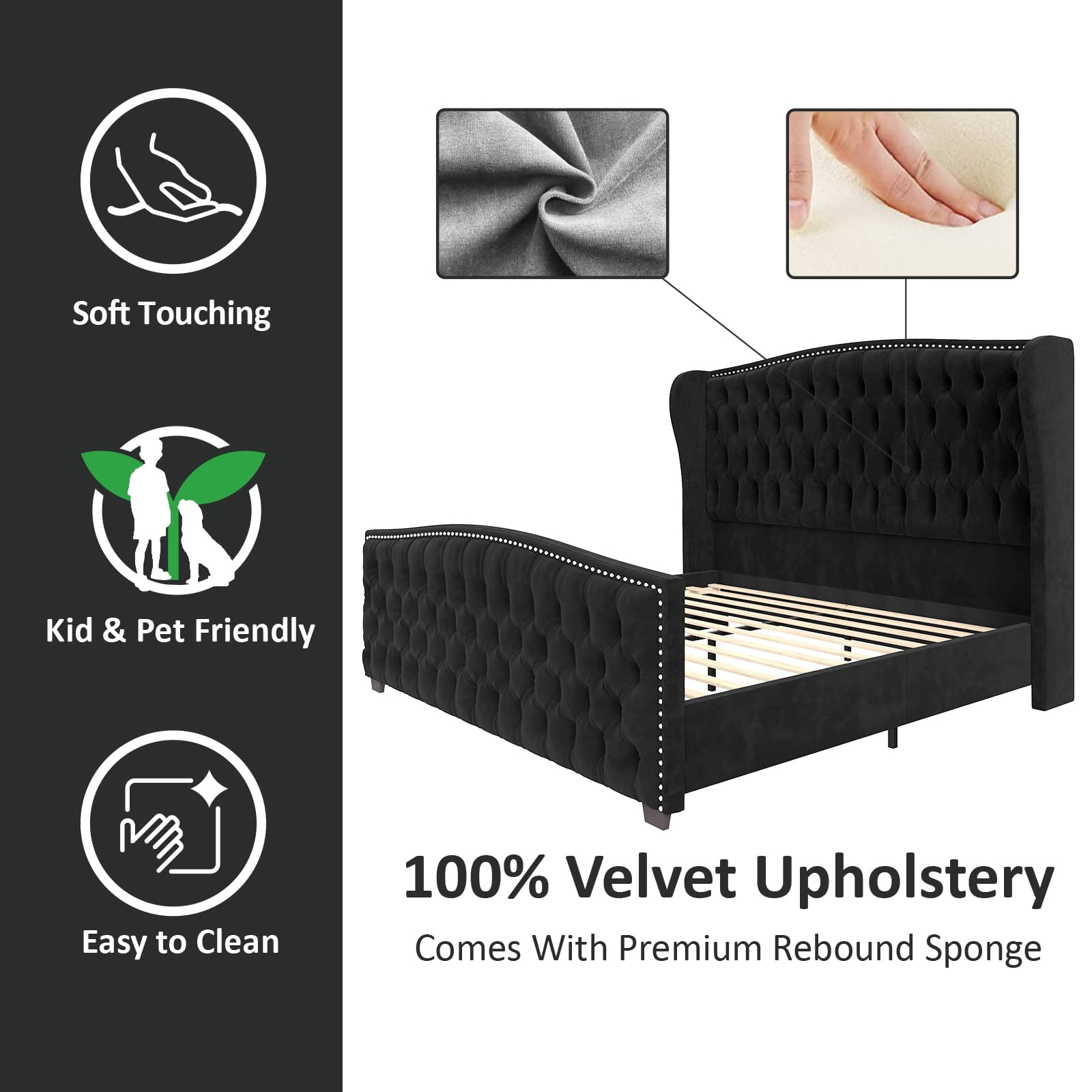 VanAcc Queen Size Bed Frame, Velvet Upholstered Bed with Deep Button Tufted Wingback Headboard, Black