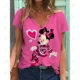thumbnail image 3 of Camiseta holgada informal de verano con estampado de Mickey Mouse de Disney para mujer, camiseta básica con cuello en V y estampado gráfico, ropa de talla grande con estampado 3D, 3 of 5